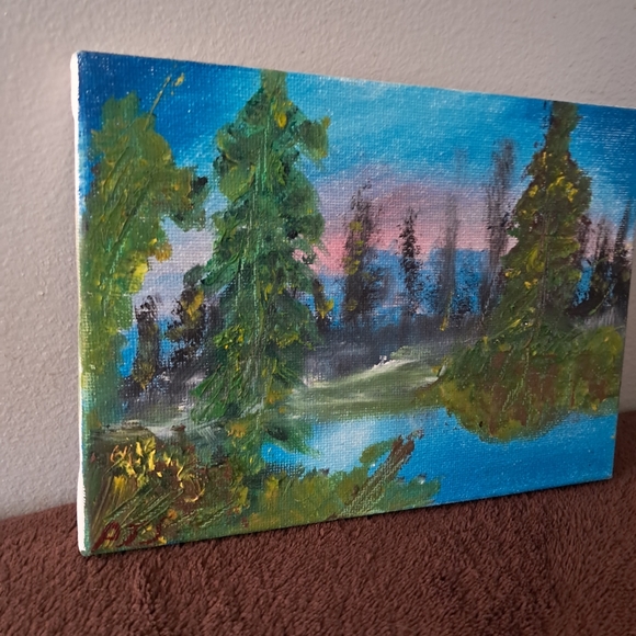 Bob Ross Inspired  Pink And Blue Sky Big Trees Hand Painted Canvas - Picture 3 of 4